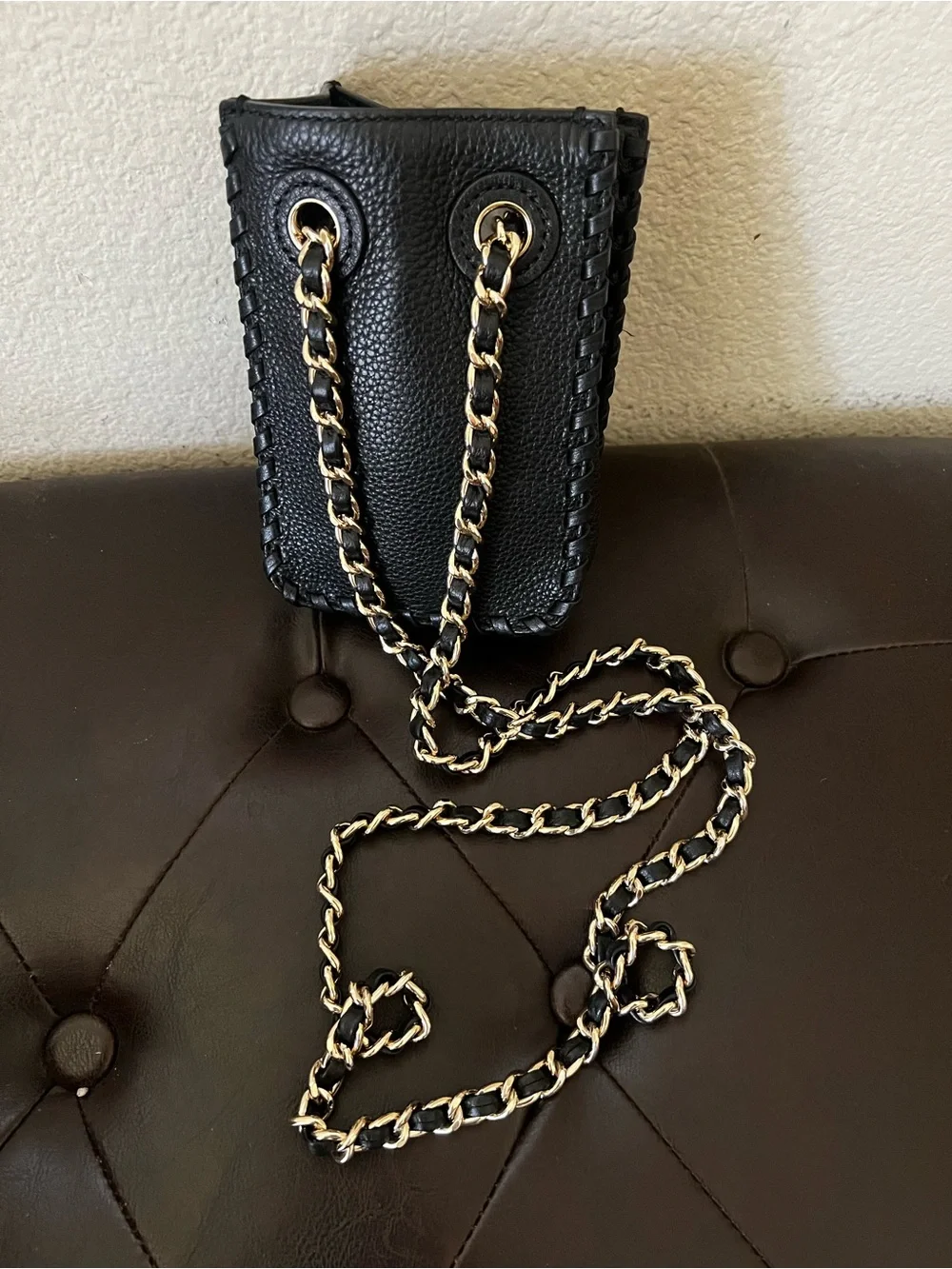 Tory Burch Black Leather Crossbody with Gold Chain and Logo Charm